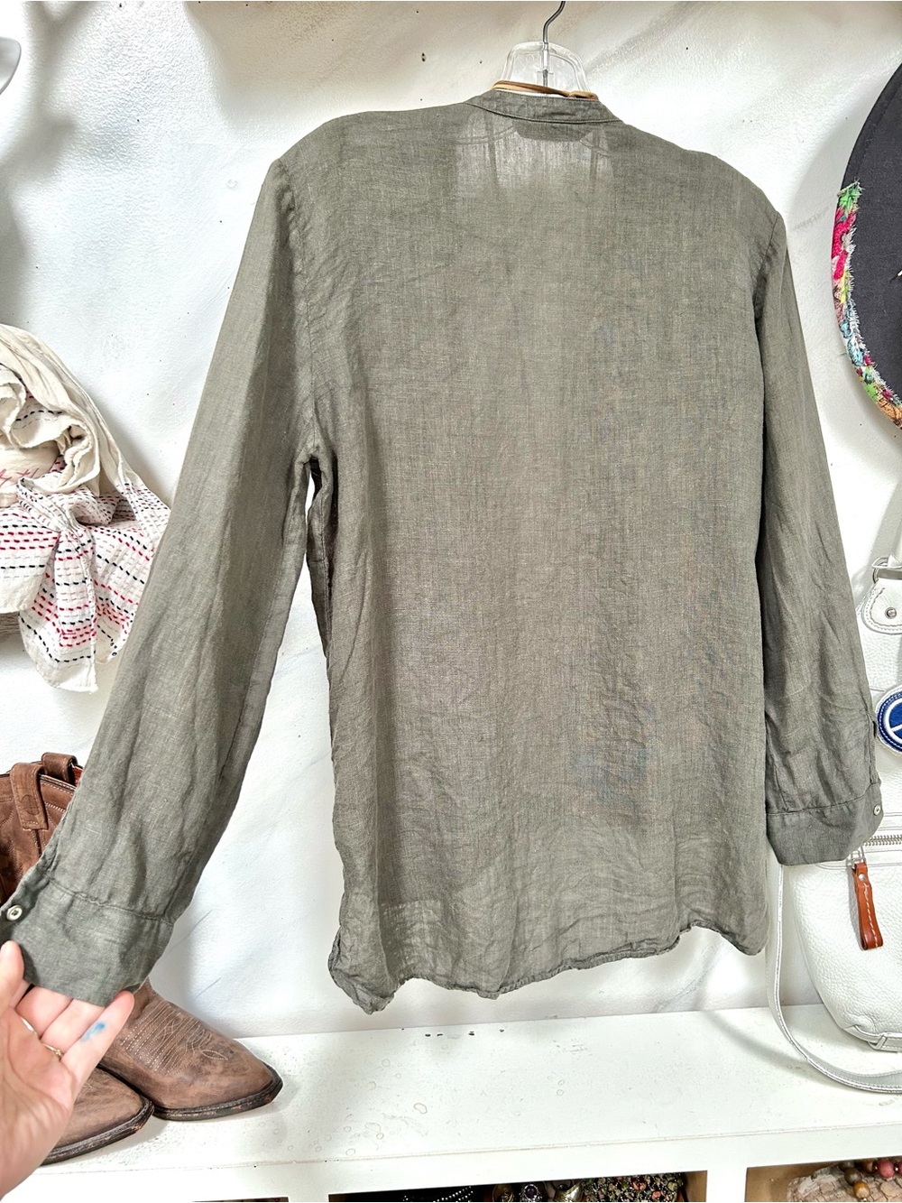 Zara Linen Olive Green Lightweight boho shirt w resort vacay beach country vibe - Picture 15 of 15